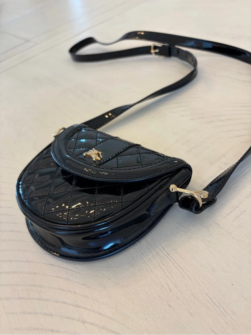 Burberry Black Patent Quilted Crossbody Bag with Gold Hardware